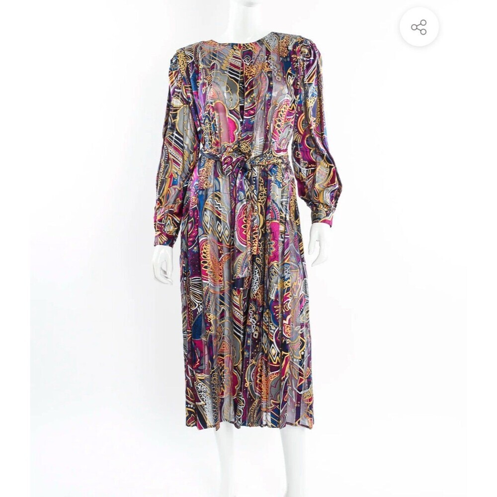 Vintage 1980s The Silk Farm Shift Dress Size 4 Multicolor Metallic Semi Sheer